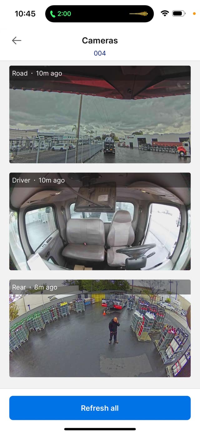 Fleet camera app showing driver and rear views