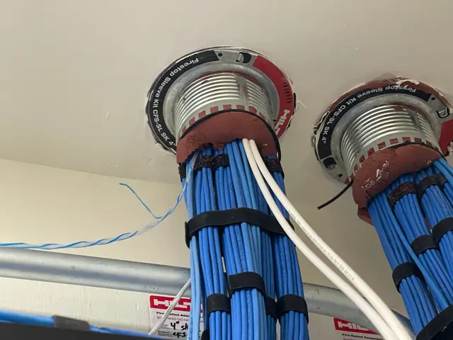 Dressed Cat6 bundles rising through fire-rated firestop sleeves at a hospital