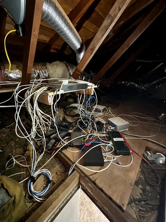 Messy network cabling before cleanup